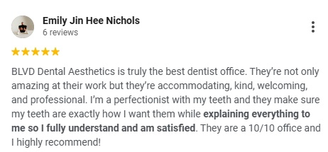 Google review from Emily Jin Hee Nichols for BLVD Dental Aesthetics